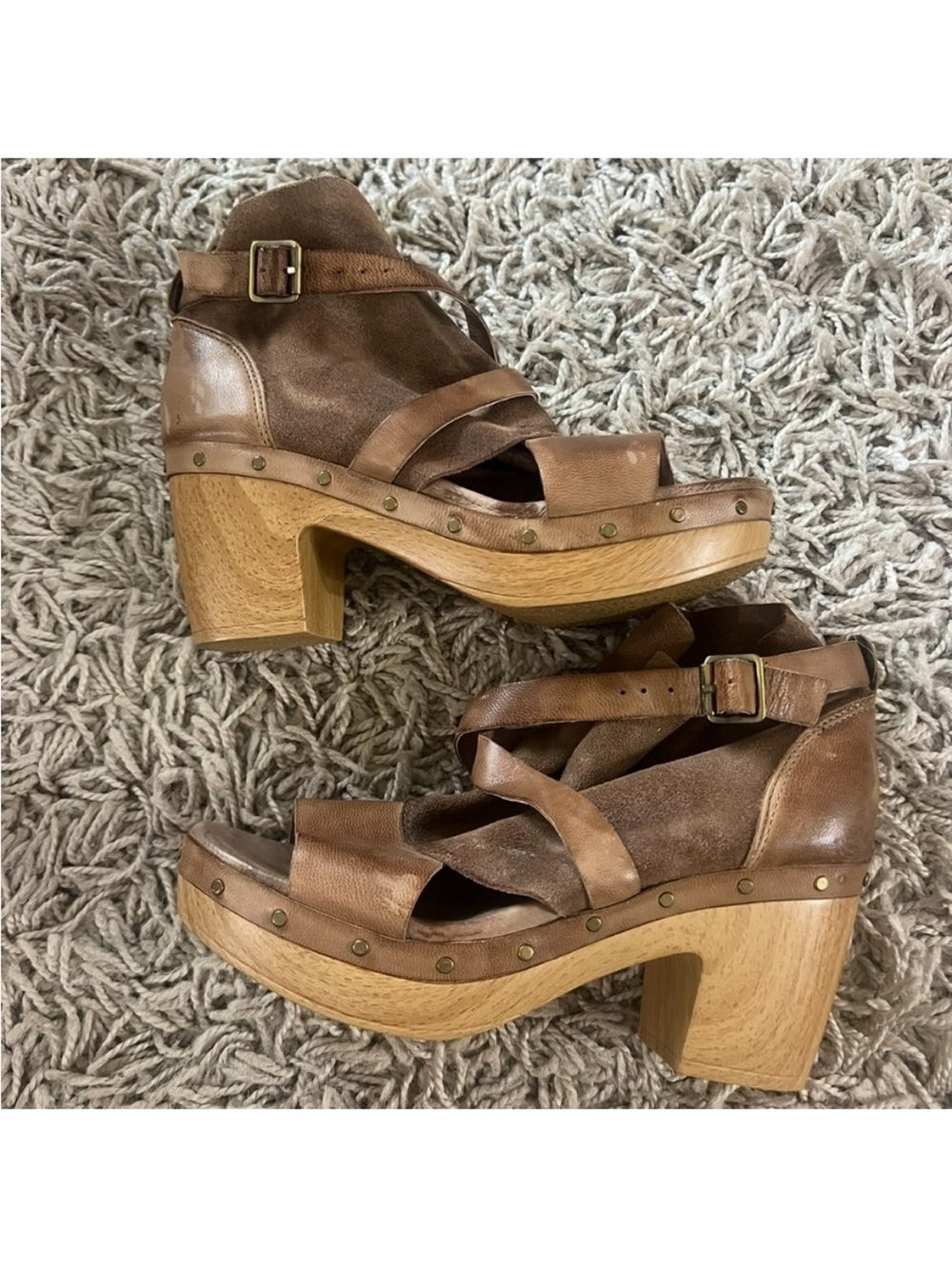 Antelope size 37 Brown Leather Platform Sandals Leather Clog with Ankle Strap